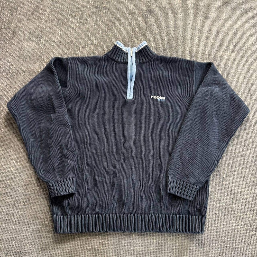 Roots Quarter Zip Sweater Mens Large Navy Blue Ribbed Cotton Y2K Pullover